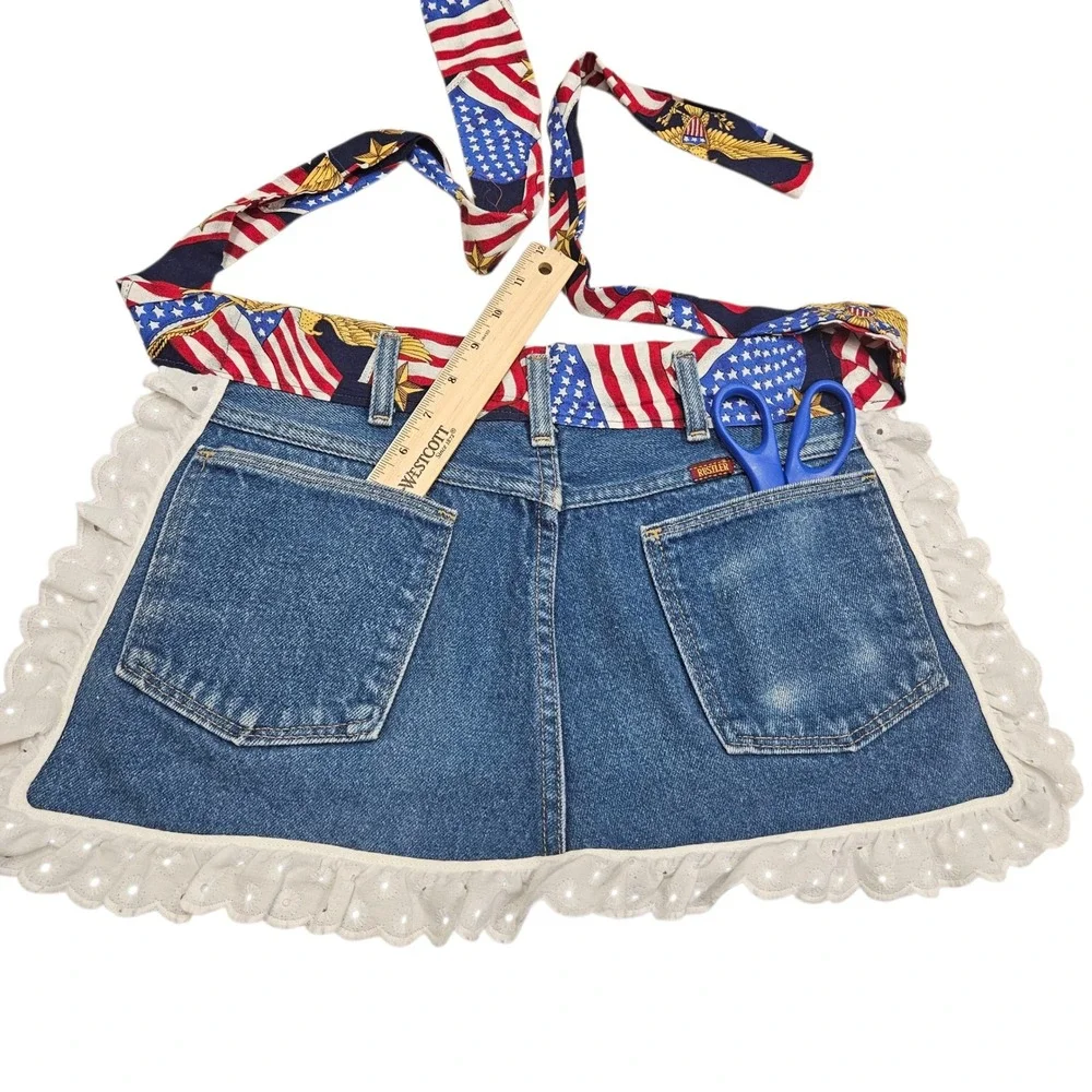 Denim Apron Upcycled Jean Pockets‎ Patriotic American Flag Lace Country Cookout